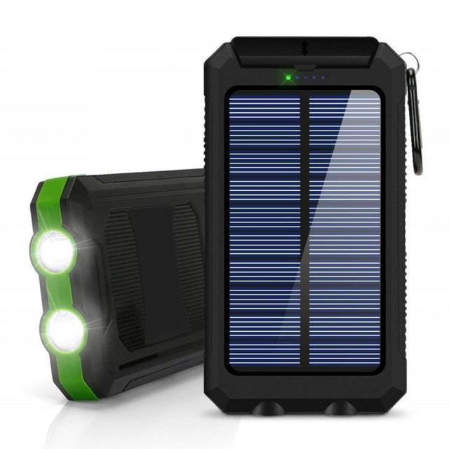 Batterie solaire 20000mAh, double USB, étanche, antichoc.  Recharge solaire, LED intégrée.  Idéale pour le voyage.