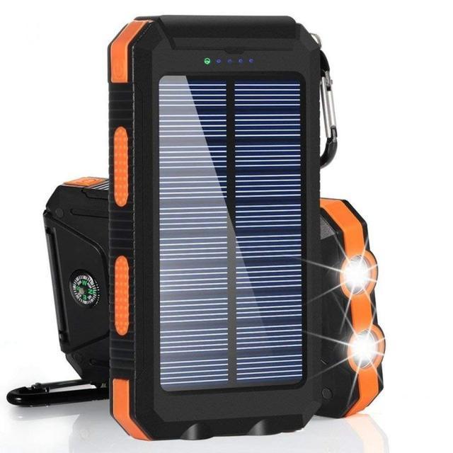 Batterie solaire 20000mAh, double USB, étanche, antichoc.  Recharge solaire, LED intégrée.  Idéale pour le voyage.