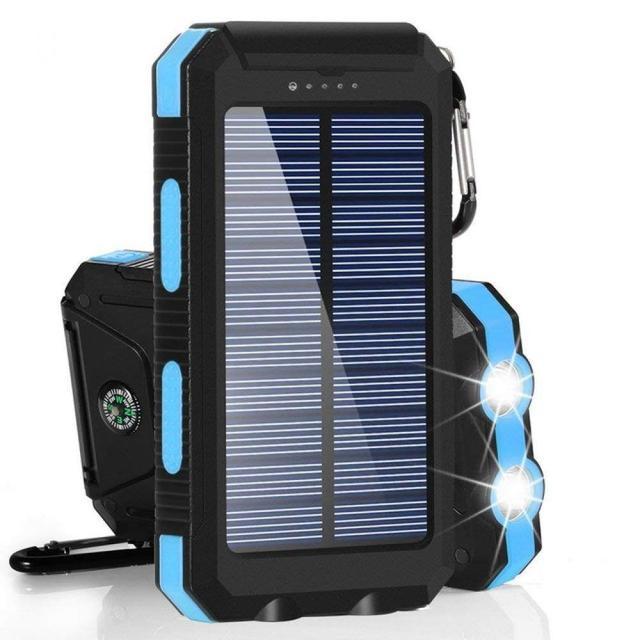 Batterie solaire 20000mAh, double USB, étanche, antichoc.  Recharge solaire, LED intégrée.  Idéale pour le voyage.