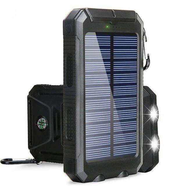 Batterie solaire 20000mAh, double USB, étanche, antichoc.  Recharge solaire, LED intégrée.  Idéale pour le voyage.