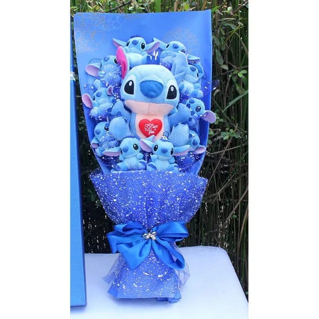 "Bouquet peluches colorées avec Stitch et amis, cadeau magique pour enfants, décoration douillette et festive."