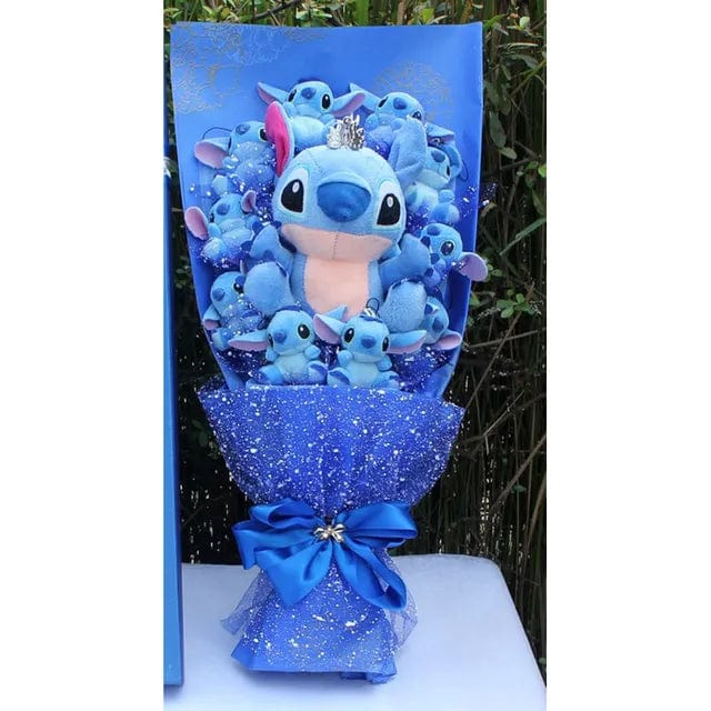 "Bouquet peluches colorées avec Stitch et amis, cadeau magique pour enfants, décoration douillette et festive."