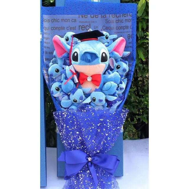 "Bouquet peluches colorées avec Stitch et amis, cadeau magique pour enfants, décoration douillette et festive."