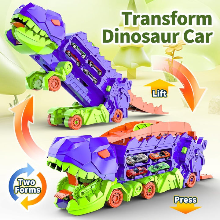 "Camion transformable en piste de course à thème dinosaure, jouet multicolore pour enfants 3-6 ans, renforce l'imagination."