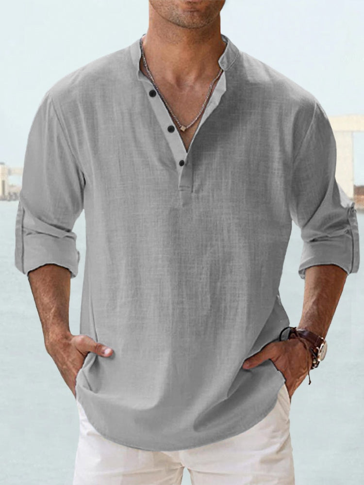 "Chemise en lin pour hommes, col Henley, coupe slim, tout en blanc, élégante et respirante, parfaite pour un style chic."