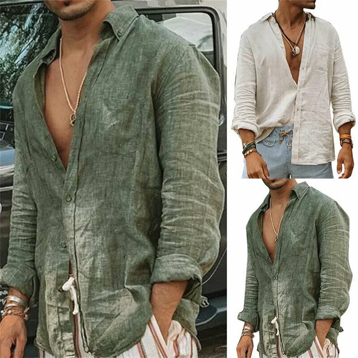Chemise lin homme, coupe décontractée, manches longues.  Tissu léger et respirant, idéal pour l'été.