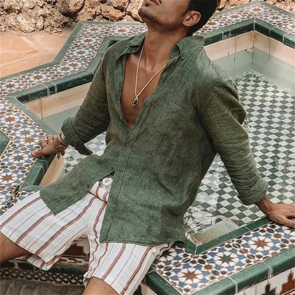 Chemise lin homme, coupe décontractée, manches longues.  Tissu léger et respirant, idéal pour l'été.
