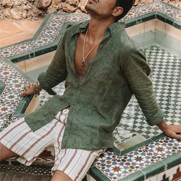 Chemise lin homme, coupe décontractée, manches longues.  Tissu léger et respirant, idéal pour l'été.