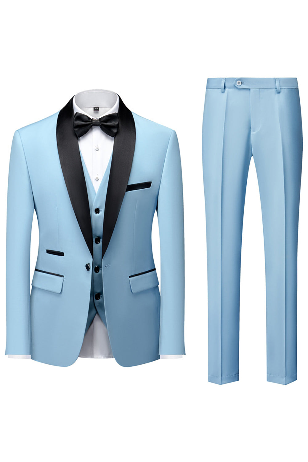 Costume homme 3 pièces noir élégant, coupe inversée moderne. Veste, pantalon, écharpe.