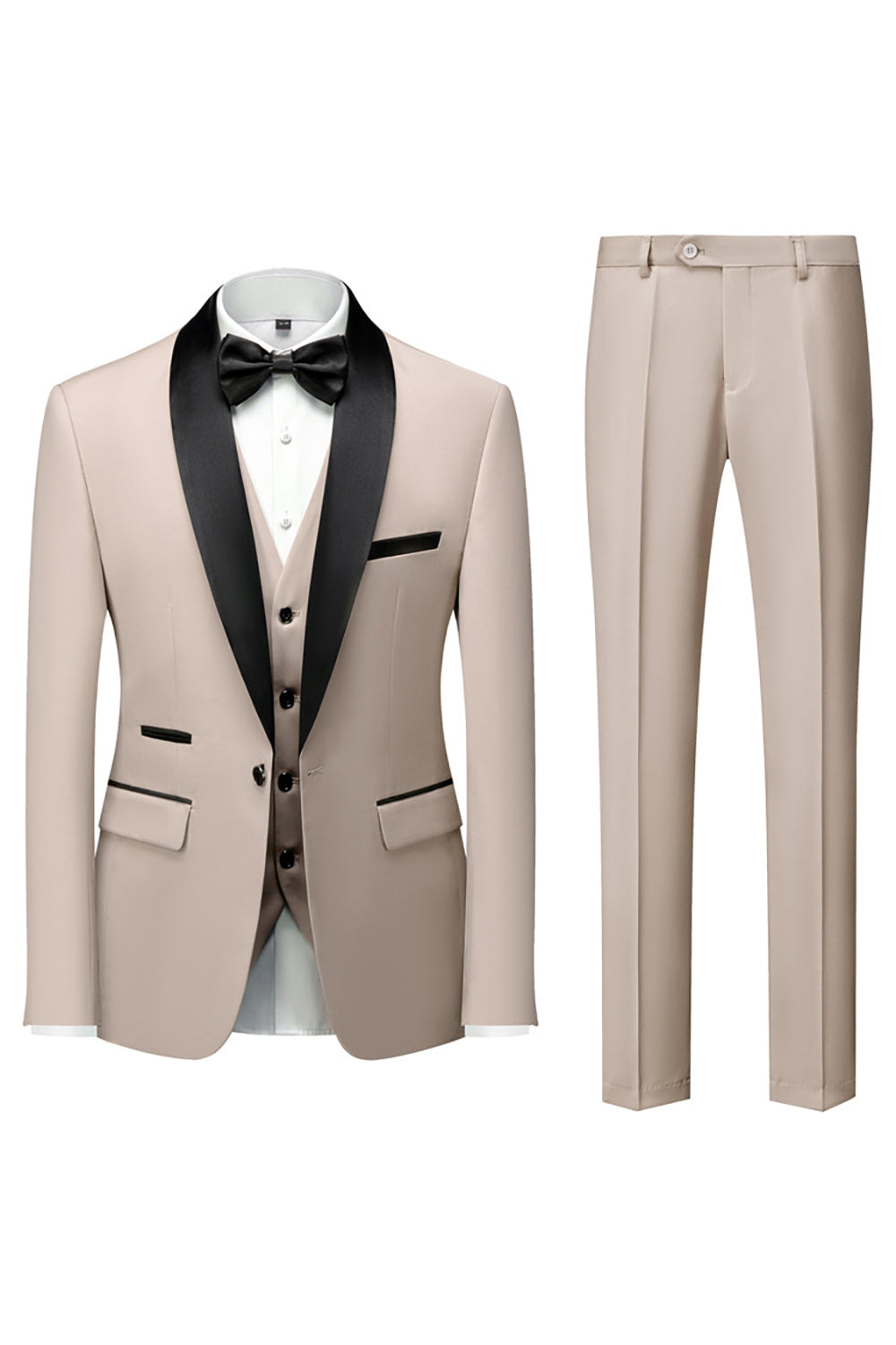 Costume homme 3 pièces noir élégant, coupe inversée moderne. Veste, pantalon, écharpe.