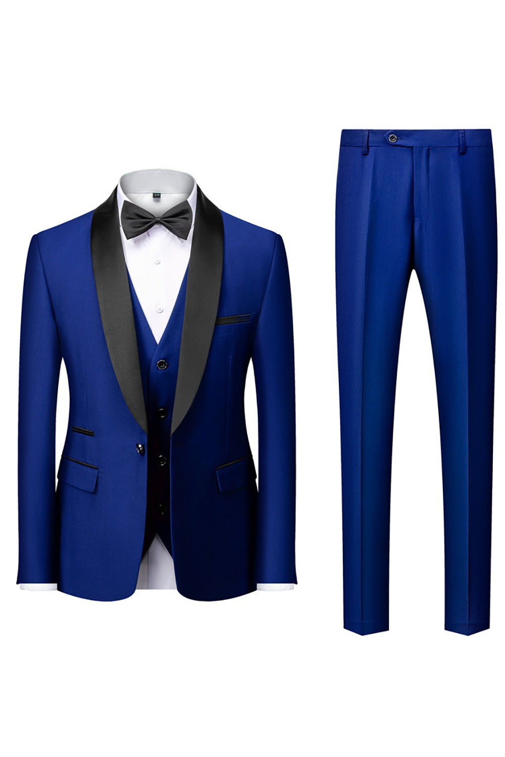 Costume homme 3 pièces noir élégant, coupe inversée moderne. Veste, pantalon, écharpe.