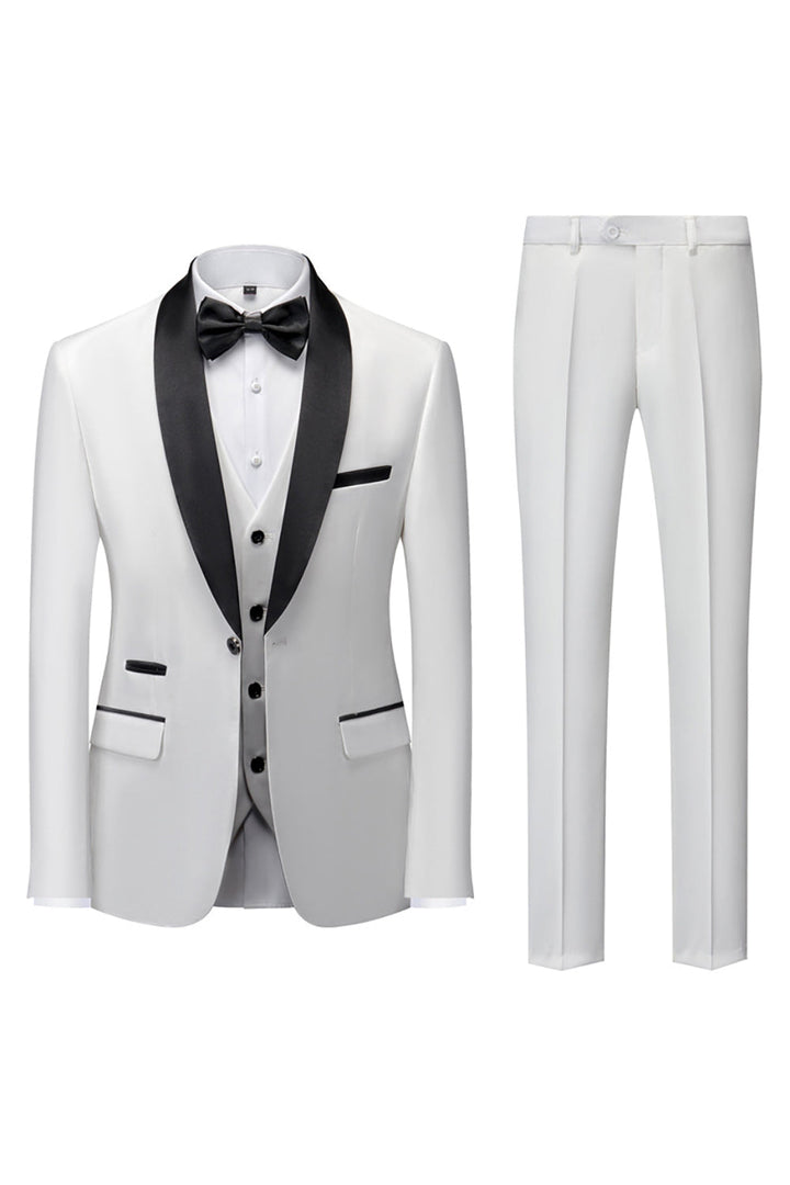 Costume homme 3 pièces noir élégant, coupe inversée moderne. Veste, pantalon, écharpe.