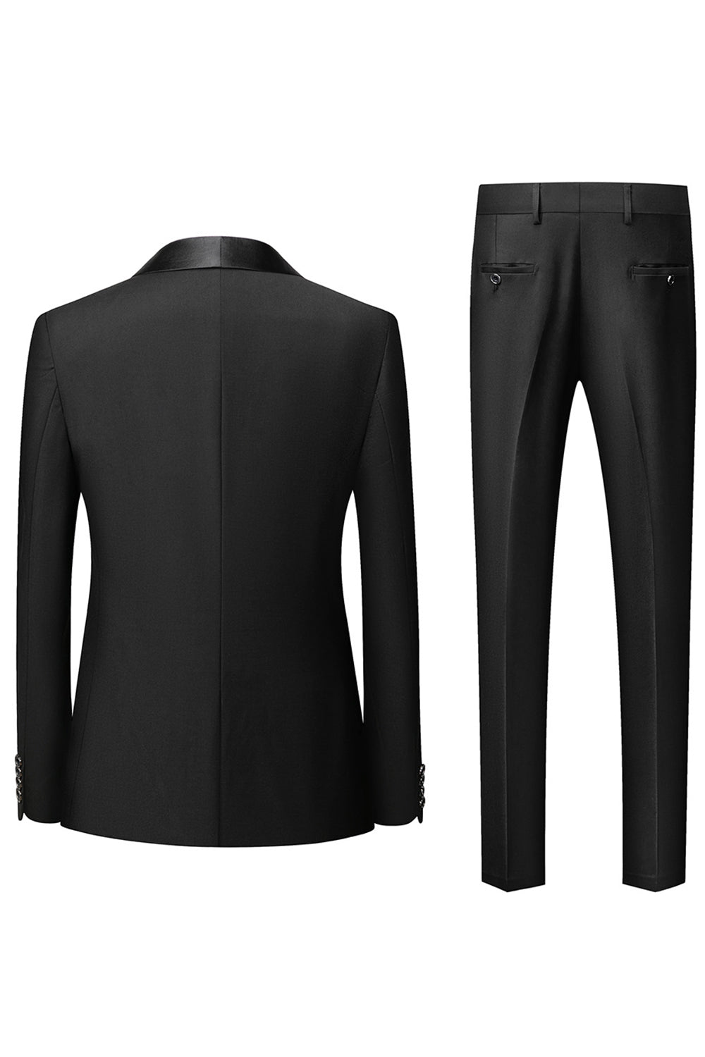 Costume homme 3 pièces noir élégant, coupe inversée moderne. Veste, pantalon, écharpe.