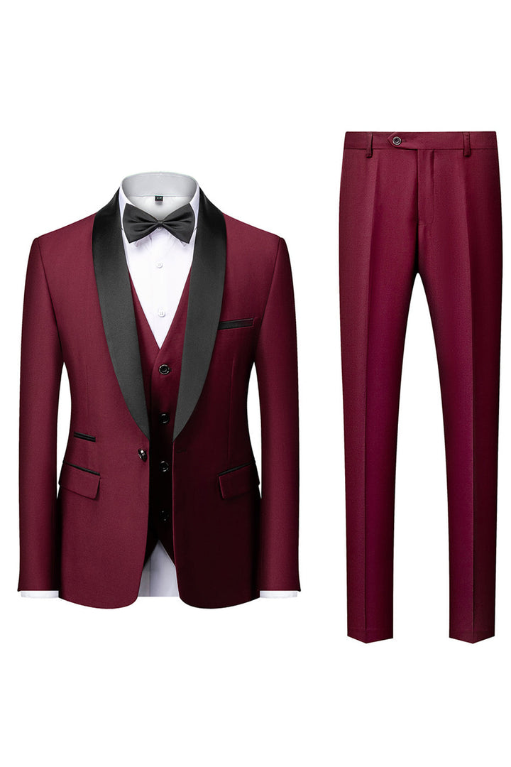 Costume homme 3 pièces noir élégant, coupe inversée moderne. Veste, pantalon, écharpe.
