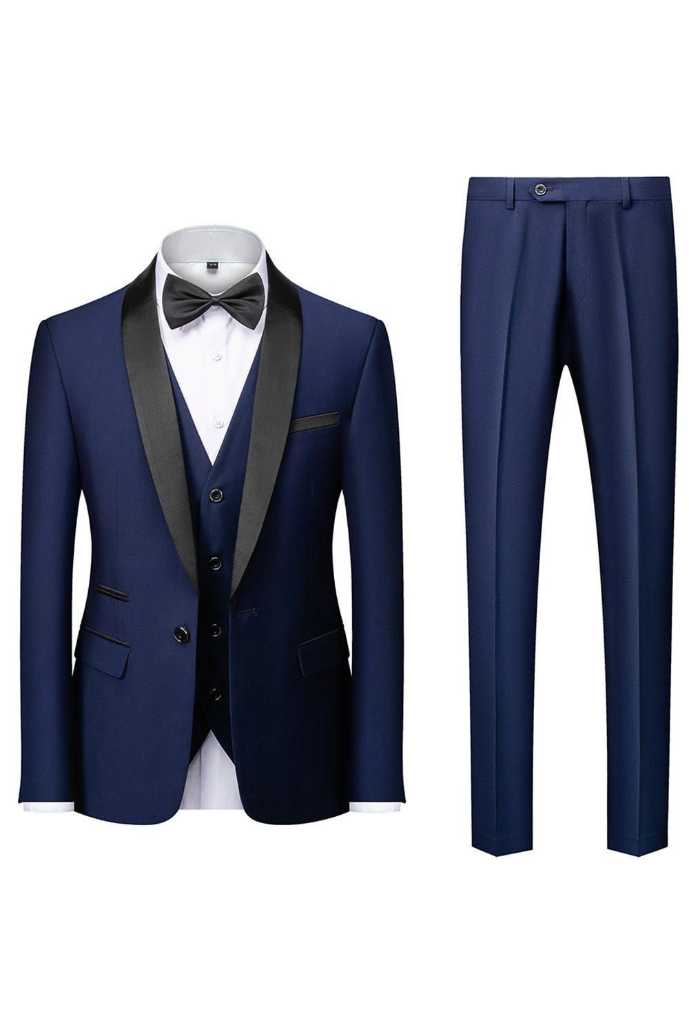 Costume homme 3 pièces noir élégant, coupe inversée moderne. Veste, pantalon, écharpe.