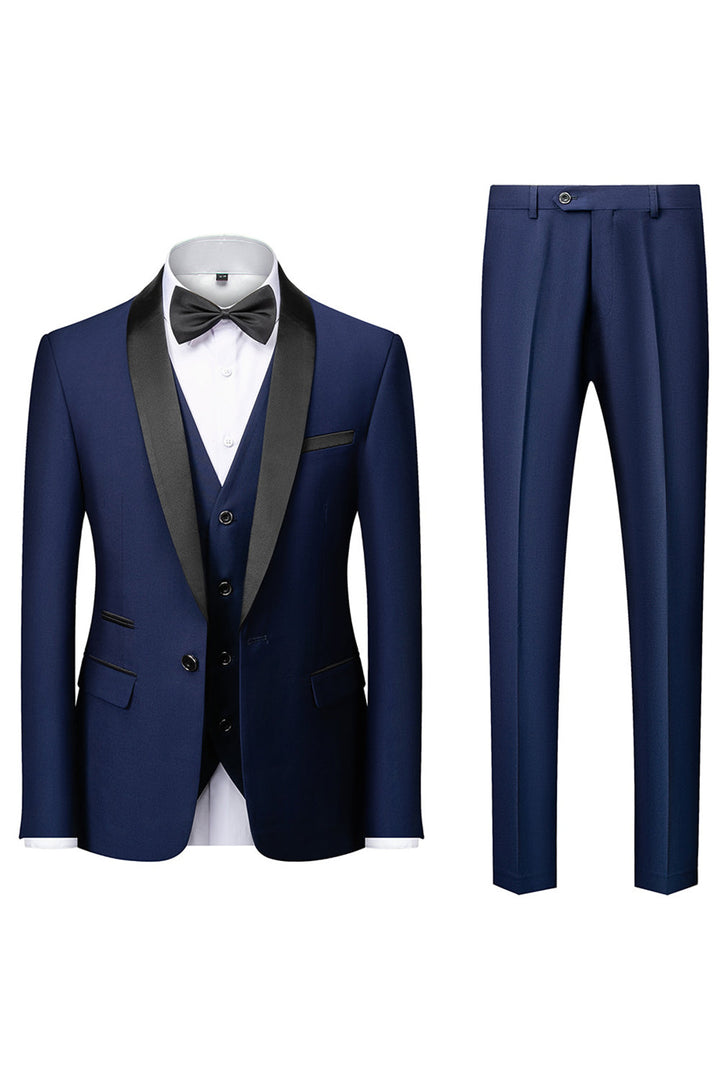 Costume homme 3 pièces noir élégant, coupe inversée moderne. Veste, pantalon, écharpe.