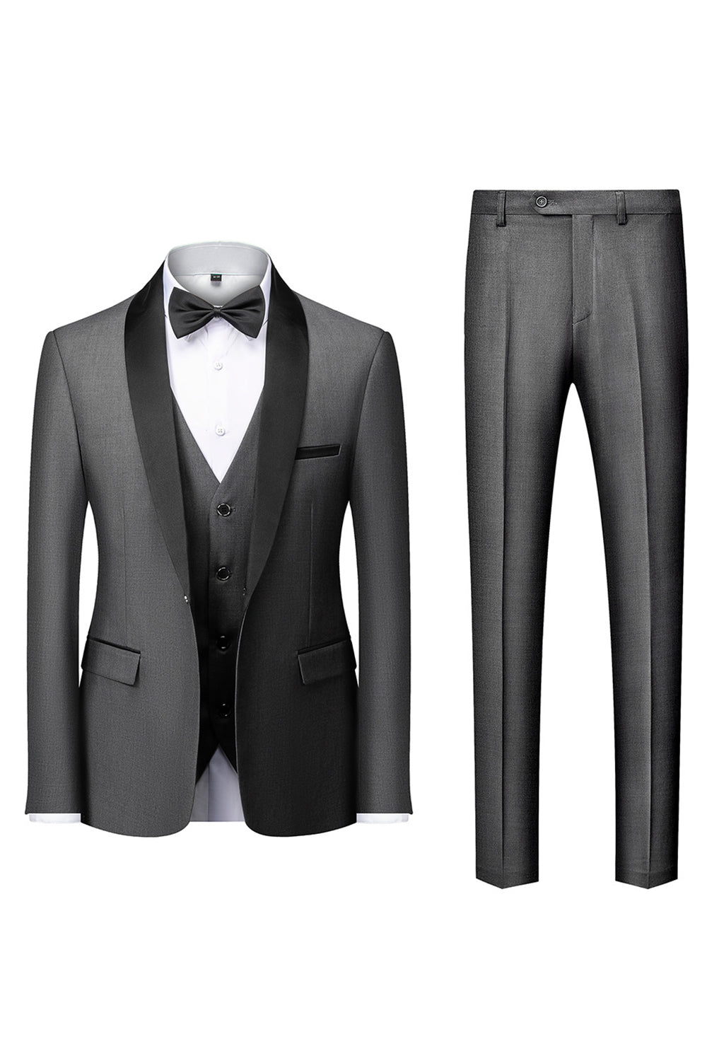 Costume homme 3 pièces noir élégant, coupe inversée moderne. Veste, pantalon, écharpe.