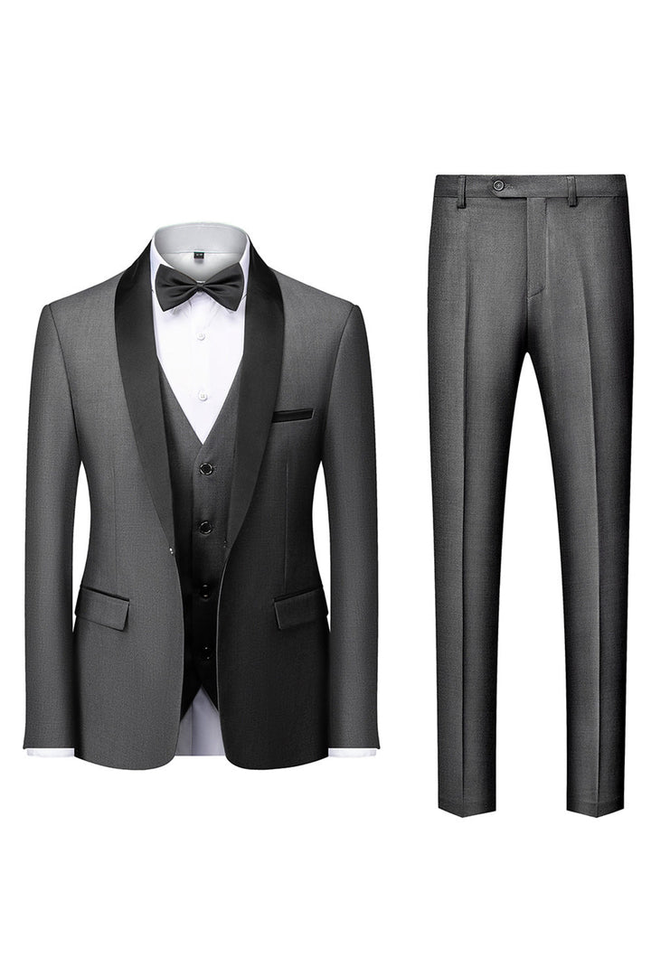 Costume homme 3 pièces noir élégant, coupe inversée moderne. Veste, pantalon, écharpe.