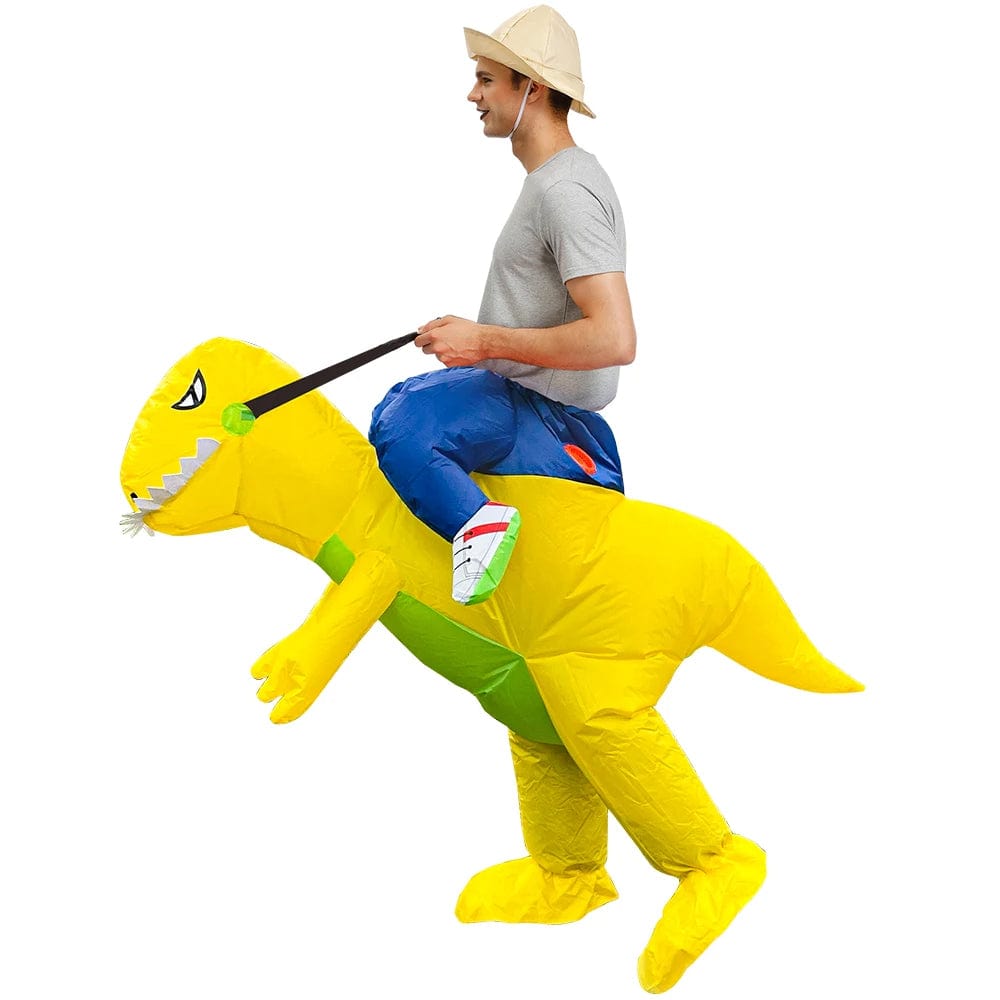 Déguisement dinosaure gonflable adulte. Costume amusant pour fêtes. Design réaliste et confortable.