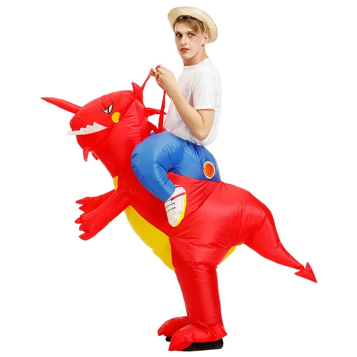 Déguisement dinosaure gonflable adulte. Costume amusant pour fêtes. Design réaliste et confortable.