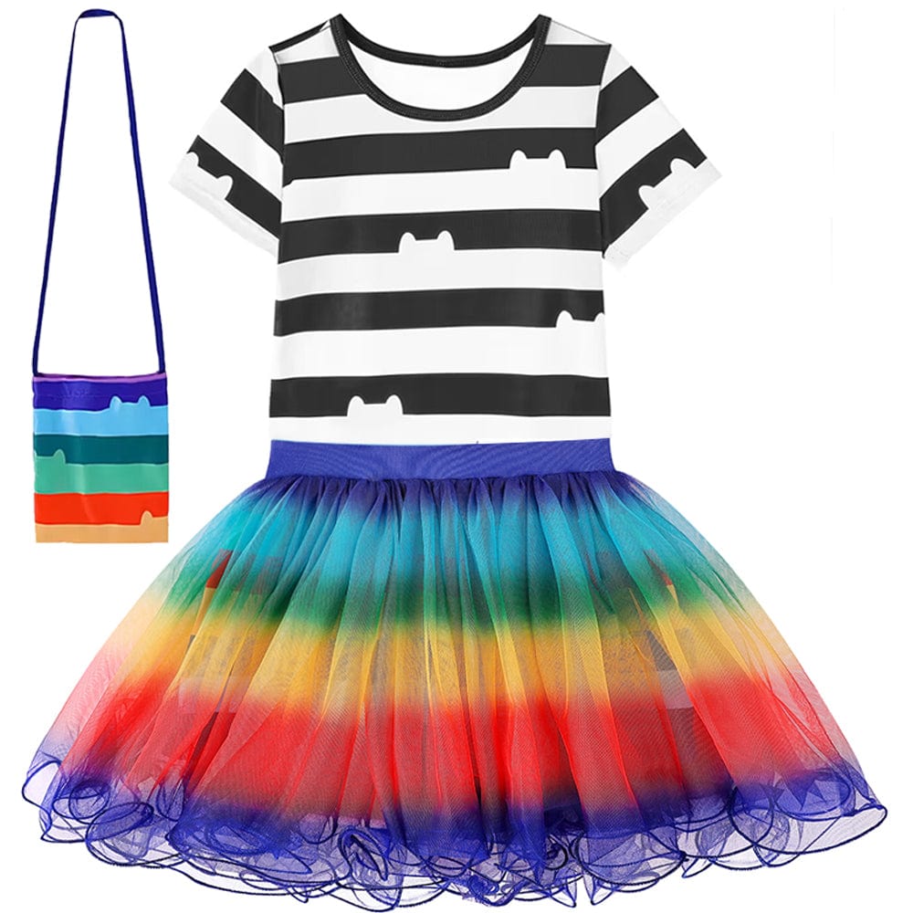 Enfant déguisé en Chat Gabby avec t-shirt rayé, jupe tulle colorée, oreilles de chat et sac assorti, vue frontale.