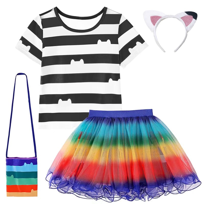 Enfant déguisé en Chat Gabby avec t-shirt rayé, jupe tulle colorée, oreilles de chat et sac assorti, vue frontale.