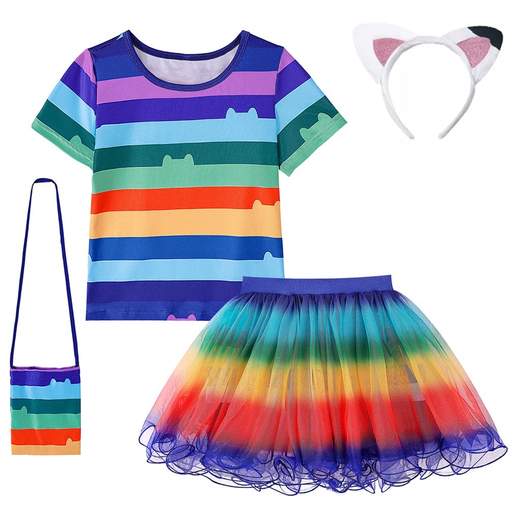 Enfant déguisé en Chat Gabby avec t-shirt rayé, jupe tulle colorée, oreilles de chat et sac assorti, vue frontale.
