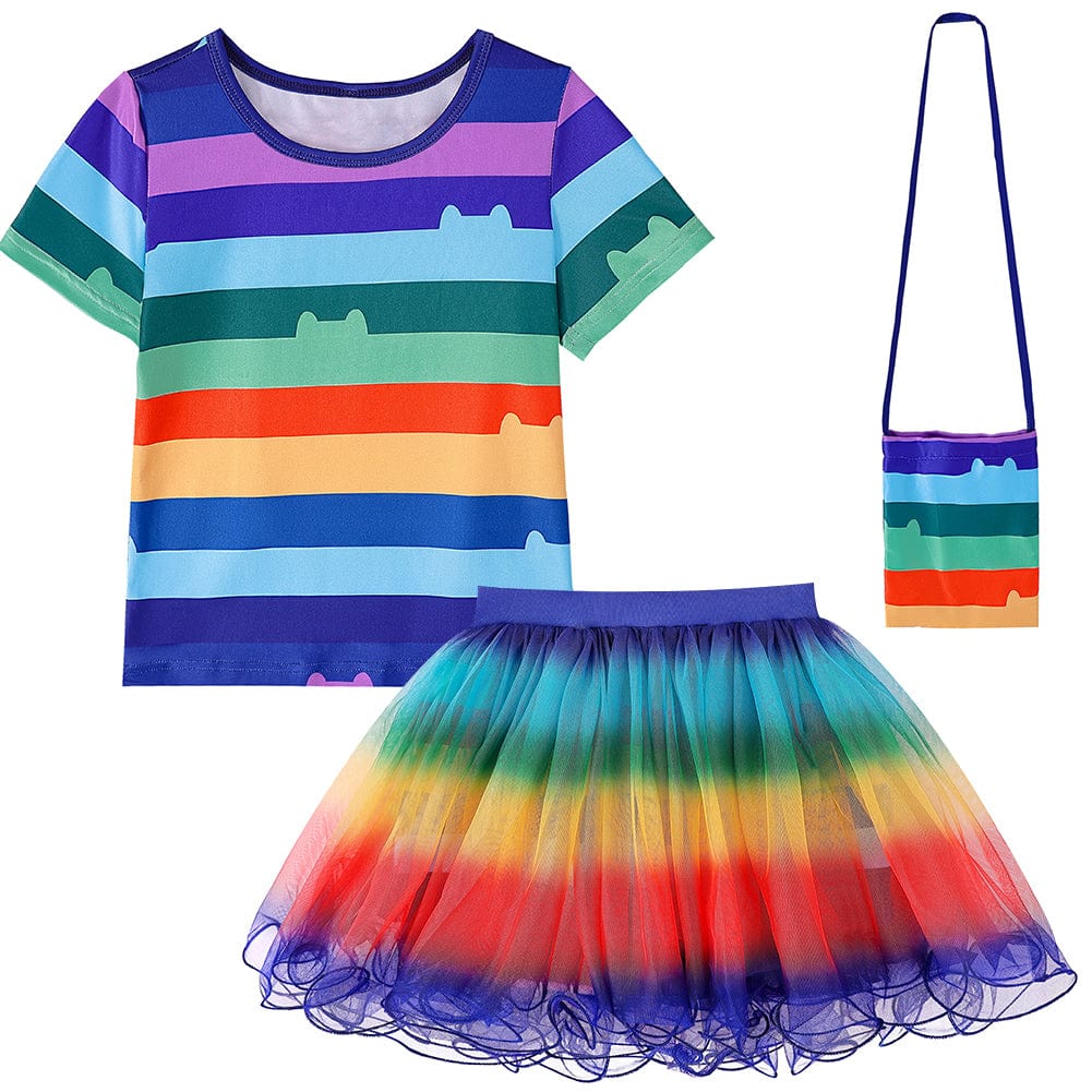Enfant déguisé en Chat Gabby avec t-shirt rayé, jupe tulle colorée, oreilles de chat et sac assorti, vue frontale.