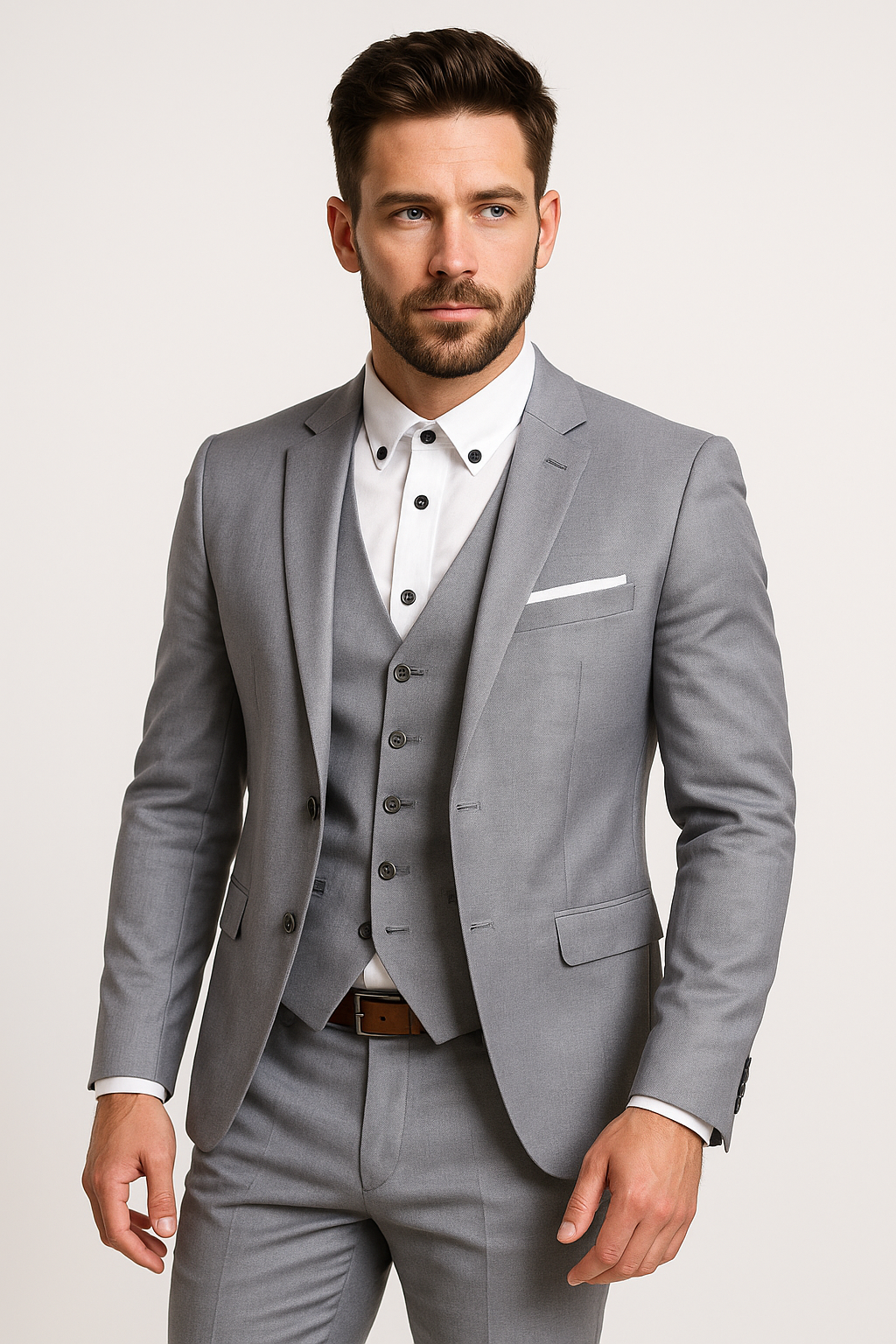 Ensemble trois pièces homme chic et moderne: blazer col montant, gilet classique, pantalon taille élastique pour élégance et