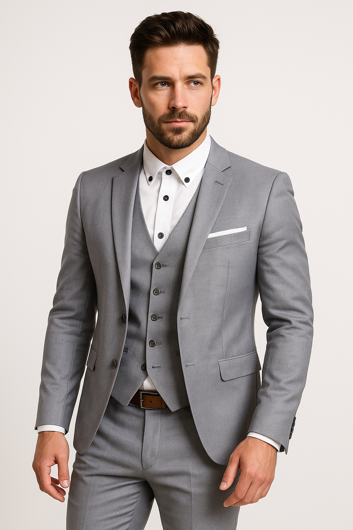 Ensemble trois pièces homme chic et moderne: blazer col montant, gilet classique, pantalon taille élastique pour élégance et