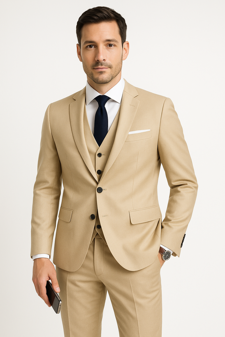 Ensemble trois pièces homme chic et moderne: blazer col montant, gilet classique, pantalon taille élastique pour élégance et