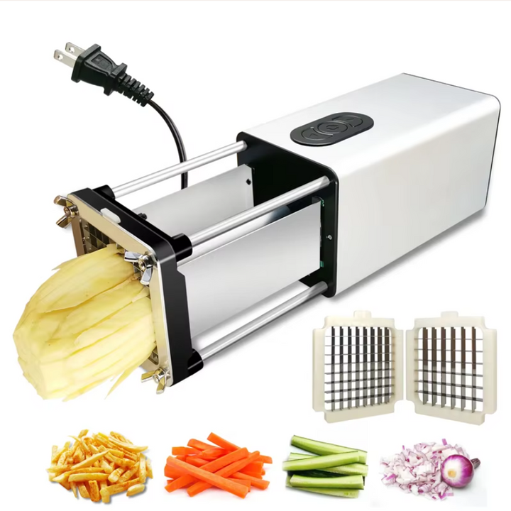 "Éplucheur électrique puissant avec lames interchangeables, idéal pour découpe rapide de légumes, design compact argent et no