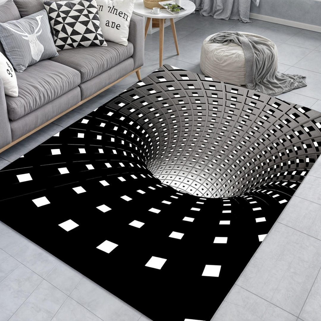Geometric illusion rug, modern home decor.  Stylish, comfortable polyester rug with easy cleaning.