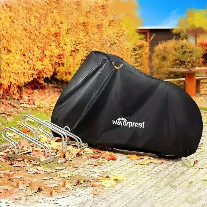 Housse de vélo imperméable 3 couches, anti-UV, protège vélo des intempéries avec sangles de fixation, vue sur vélo.