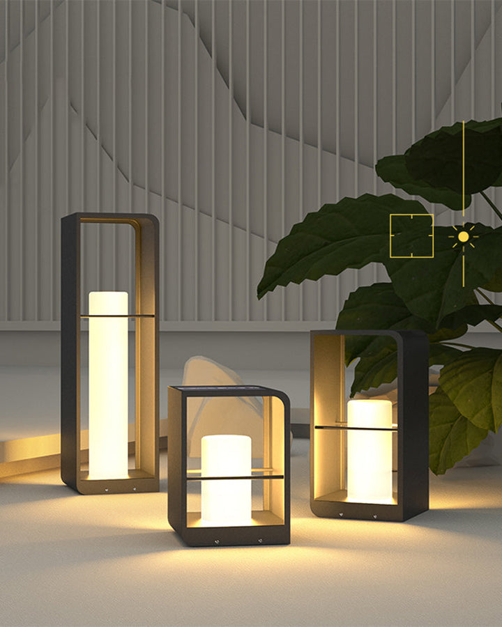 Lampadaire solaire extérieur élégant. Éclairage jardin moderne, design épuré, lumière chaude.