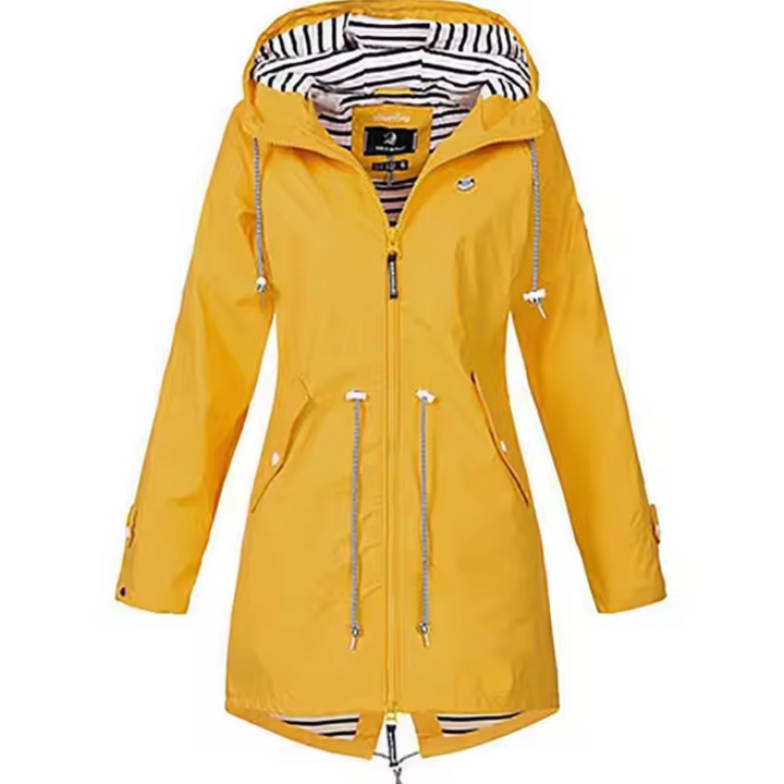 "Manteau Daria bleu, imperméable avec capuche, design élégant pour femmes, parfait pour jours de pluie"