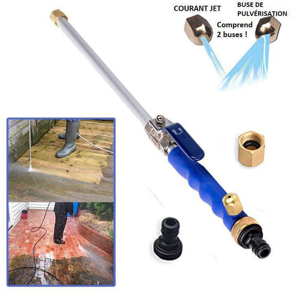 Nettoyeur haute pression bleu avec jet puissant, idéal pour nettoyer saletés tenaces sur bois, brique et béton.
