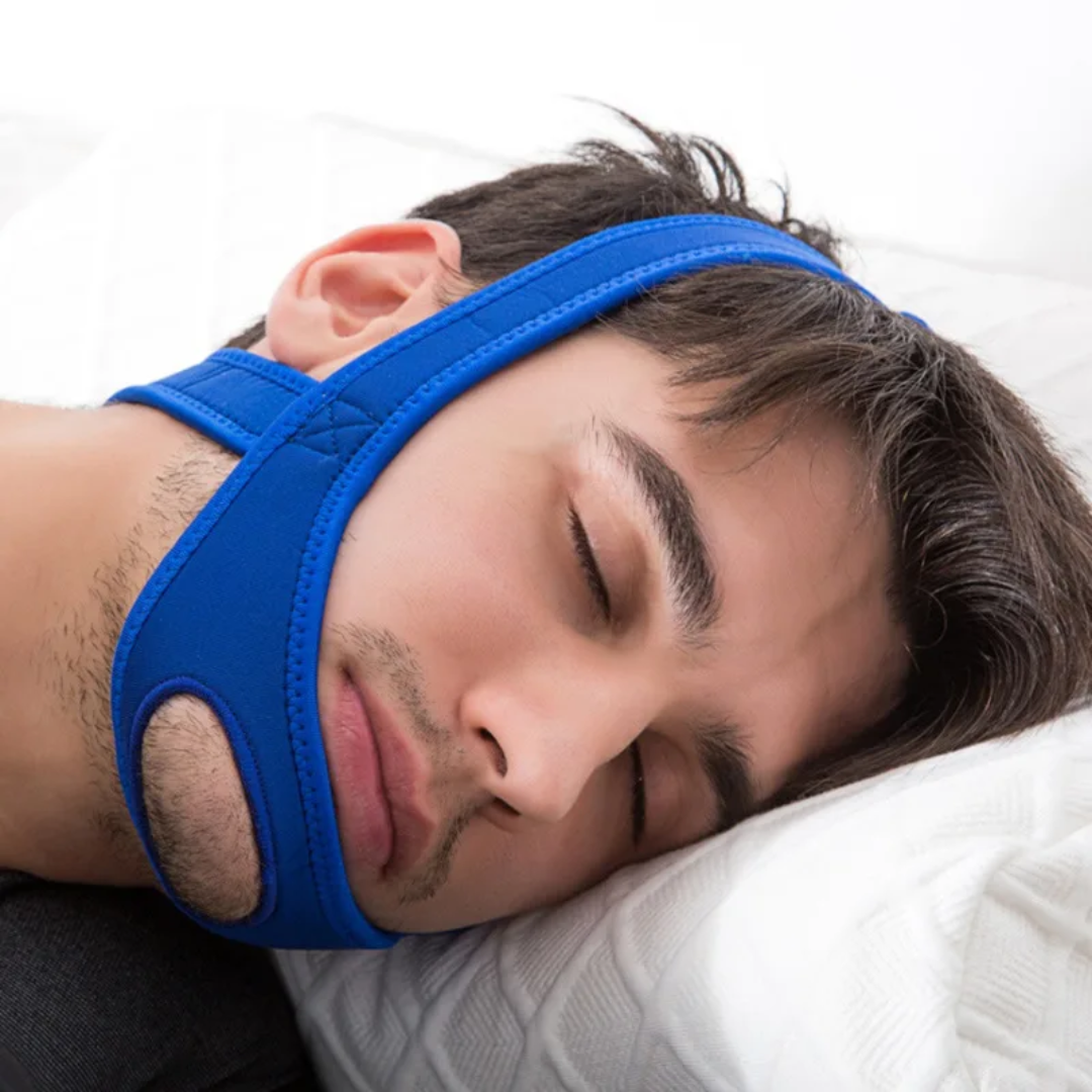 Orthèse anti-ronflement ergonomique bleue, conçue pour le confort et la réduction du bruit nocturne. Solution apnée du sommei