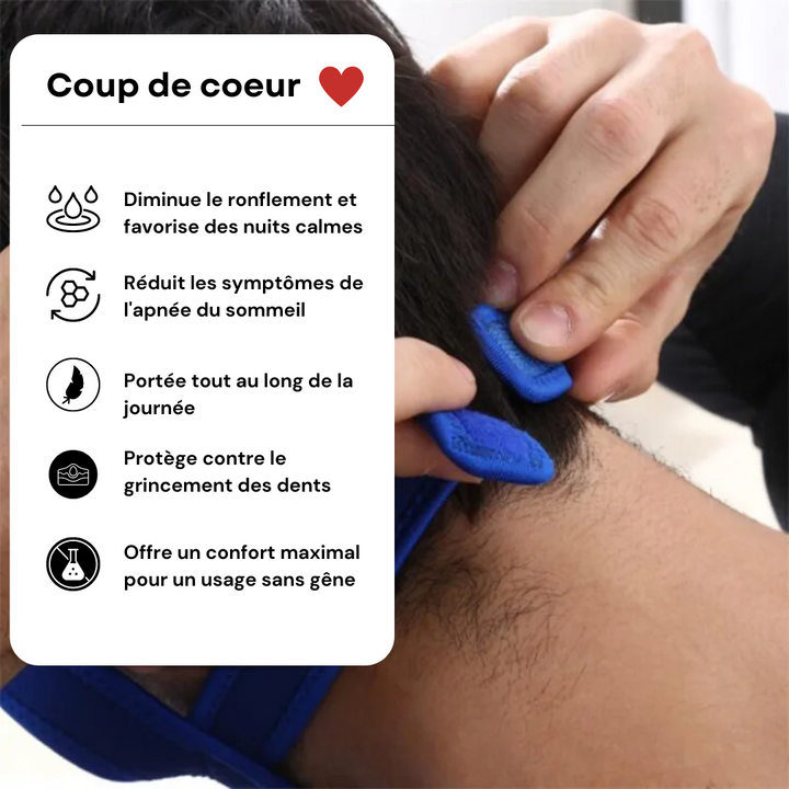 Orthèse anti-ronflement ergonomique bleue, conçue pour le confort et la réduction du bruit nocturne. Solution apnée du sommei