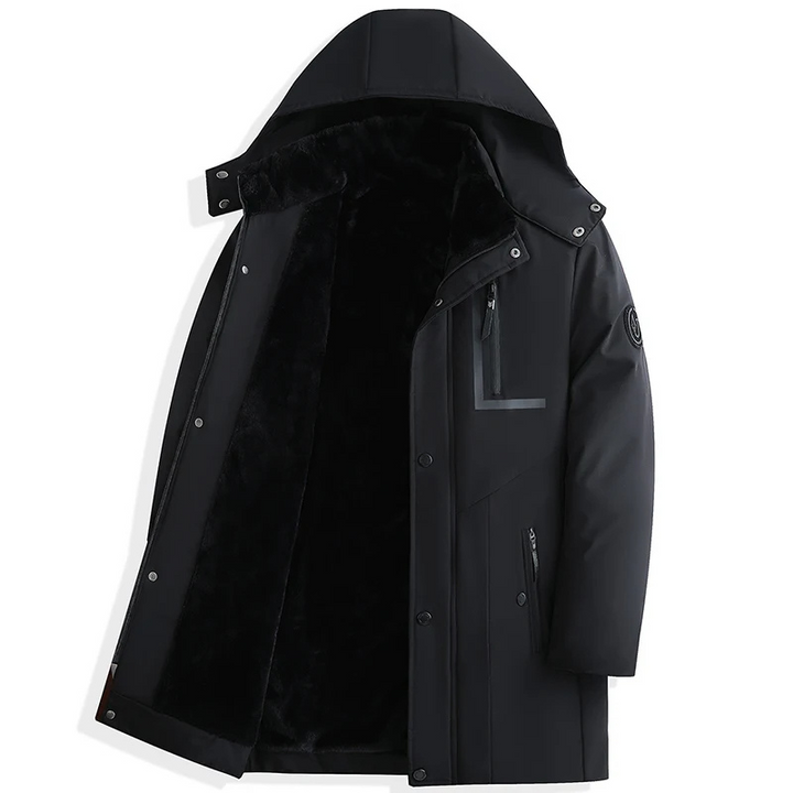 Parka homme hiver, chaude, capuche amovible.  Modèle bleu foncé.