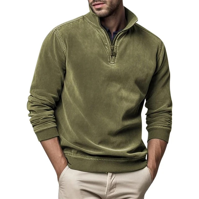 "Pull en polaire pour hommes, col montant, demi-zip, matériau doux, look vintage. Confort et chaleur pour l'hiver."