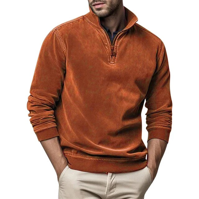"Pull en polaire pour hommes, col montant, demi-zip, matériau doux, look vintage. Confort et chaleur pour l'hiver."