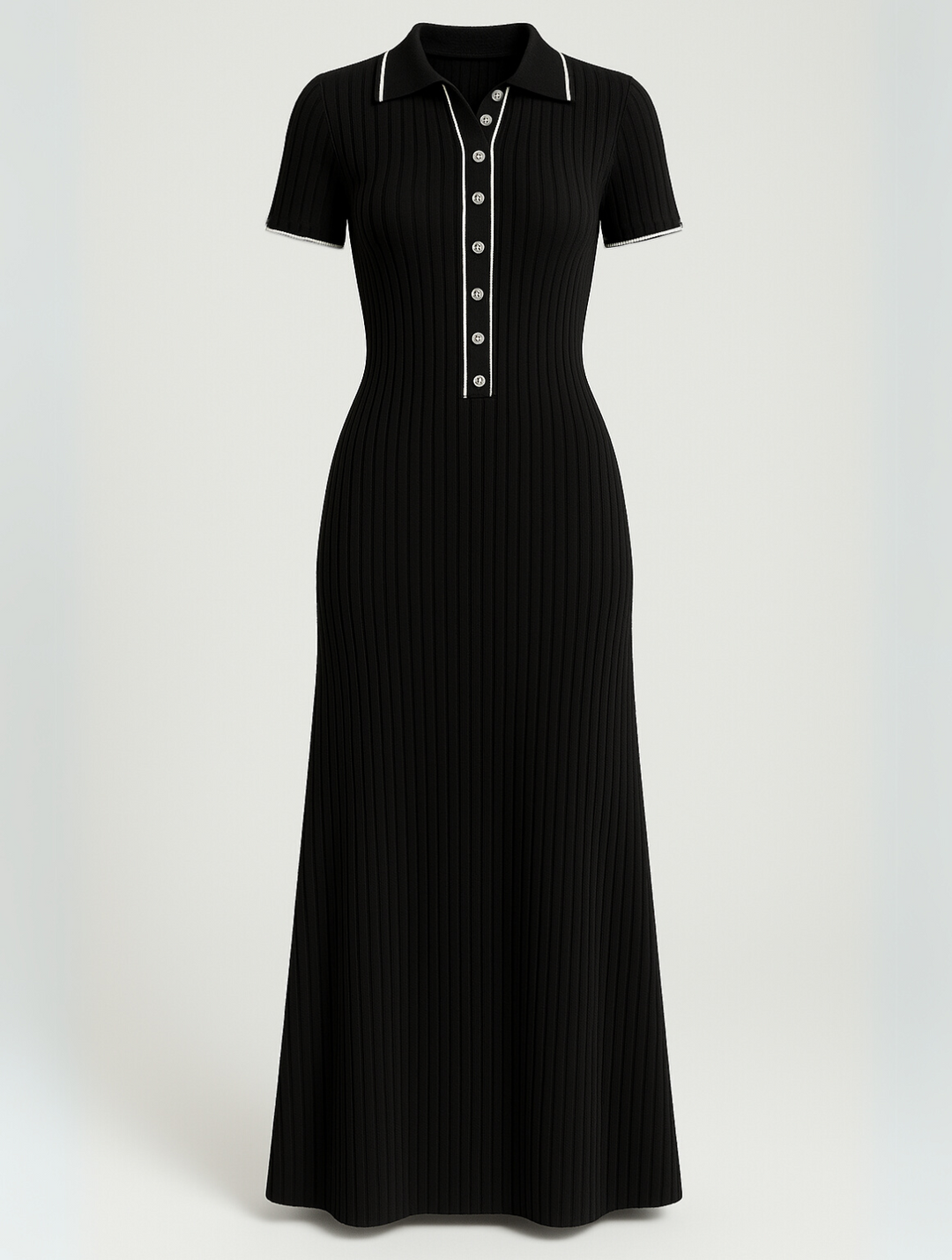 "Robe longue côtelée noire élégante et confortable, avec coupe ajustée et tissu luxueux pour un style intemporel."