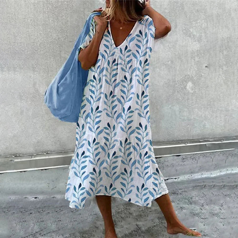 "Robe midi bleue à motif aquarelle, manches courtes blanches, silhouette A-ligne élégante pour femmes, style décontracté et c
