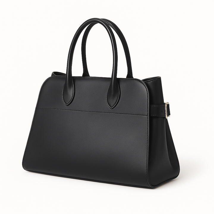 "Sac à main NOXA design minimaliste en cuir, vue avant, couleur noire; chic et structuré pour un style urbain et élégant."