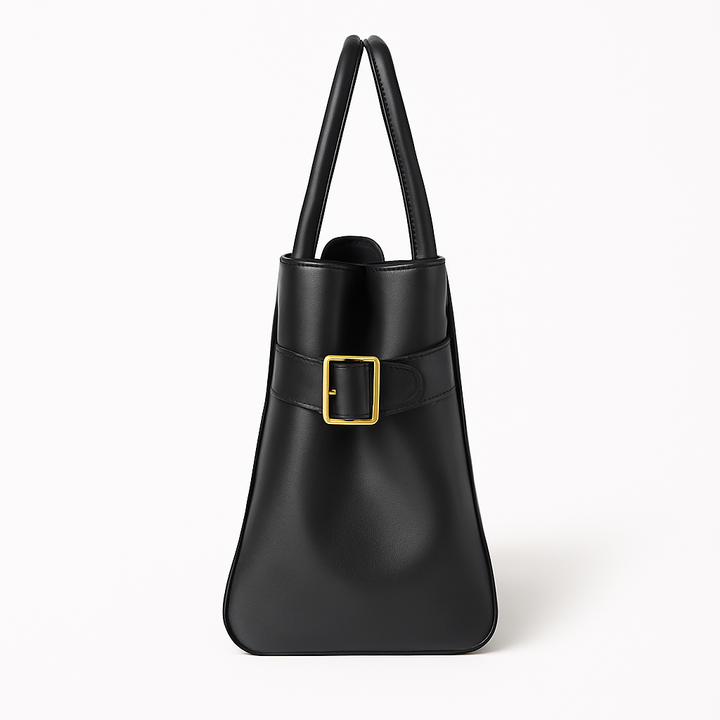 "Sac à main NOXA design minimaliste en cuir, vue avant, couleur noire; chic et structuré pour un style urbain et élégant."
