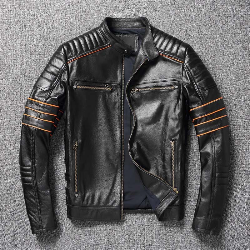 Veste moto cuir homme, style biker. Broderie crâne.  Coupe classique.
