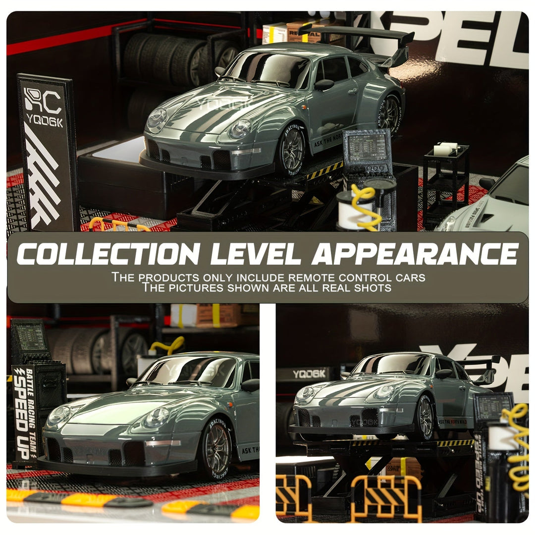 "Voiture RC Drift 4WD en action avec LED brillantes et batterie rechargeable, idéale pour drifts spectaculaires."