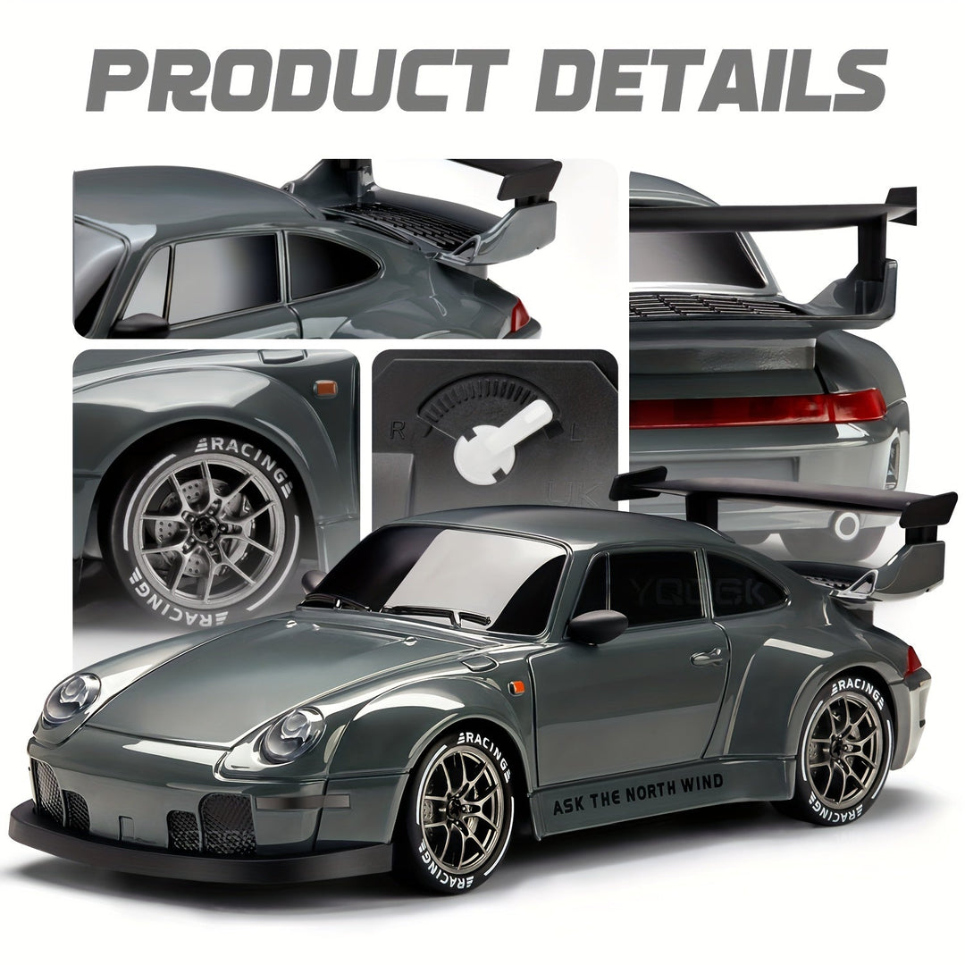 "Voiture RC Drift 4WD en action avec LED brillantes et batterie rechargeable, idéale pour drifts spectaculaires."