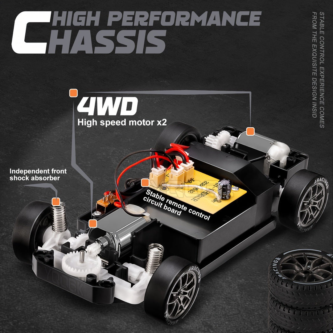 "Voiture RC Drift 4WD en action avec LED brillantes et batterie rechargeable, idéale pour drifts spectaculaires."